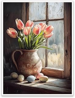 Easter Tulip Wall Art Print, Pink Tulips in Vase by Window Painting Poster, Pastel Speckled Eggs Still Life Artwork, Spring Farmhouse Decor (Unframe-style, 12x18inch(30x45cm))