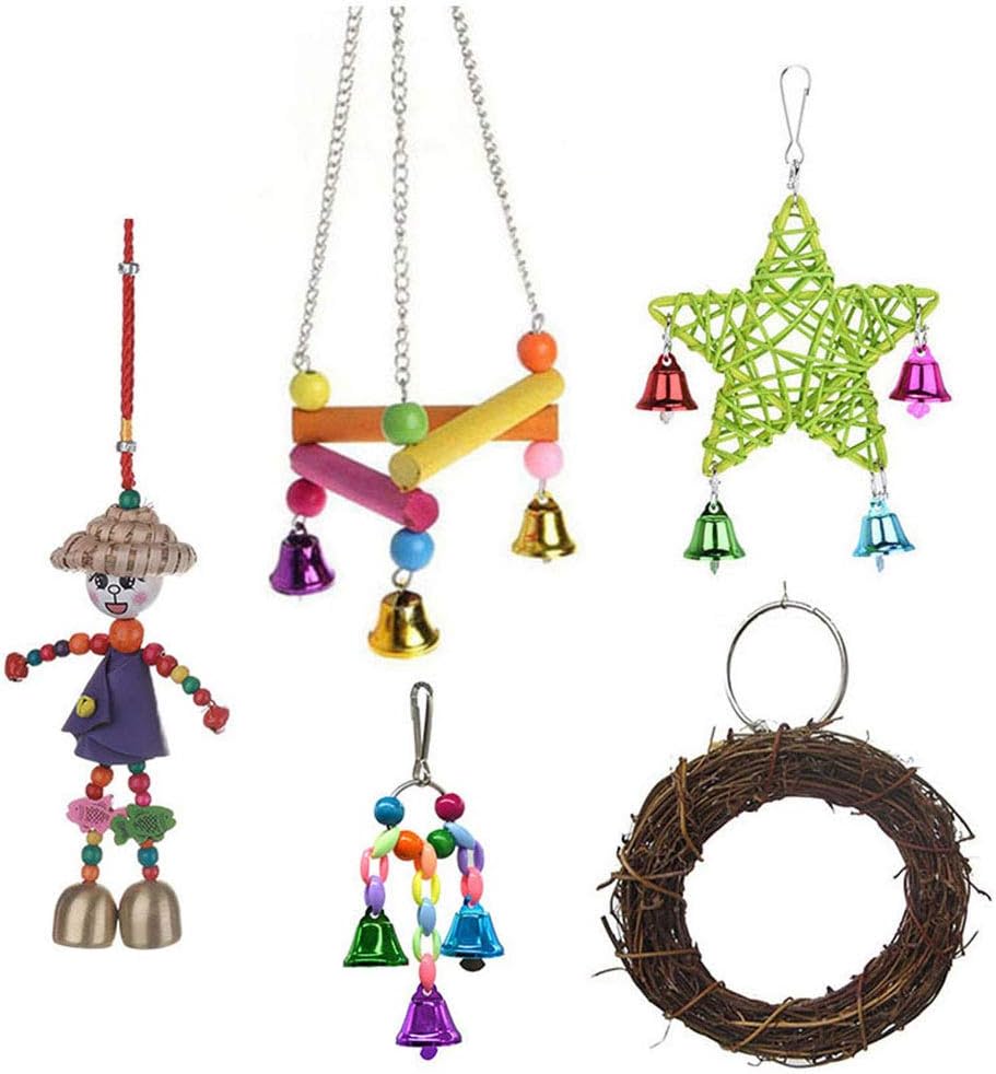 Pack of 5 Bird Chew Toys with Bells Wood Bird Swing Parrot Perch Stand for Parakeet Cockatiel Conure Budgie Lovebird Finch Canary…