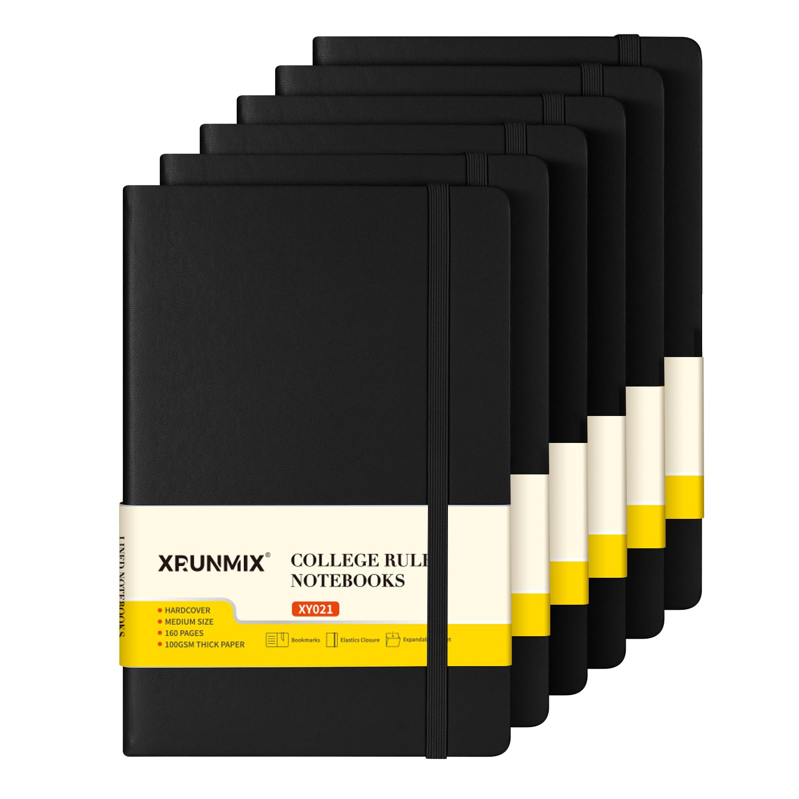 Xrunmix Quaderni a righe, 160 pagine, per Workig, medio, 14,5 x 20,3 cm, carta spessa 100 g/m², diari con copertina rigida (6, nero)