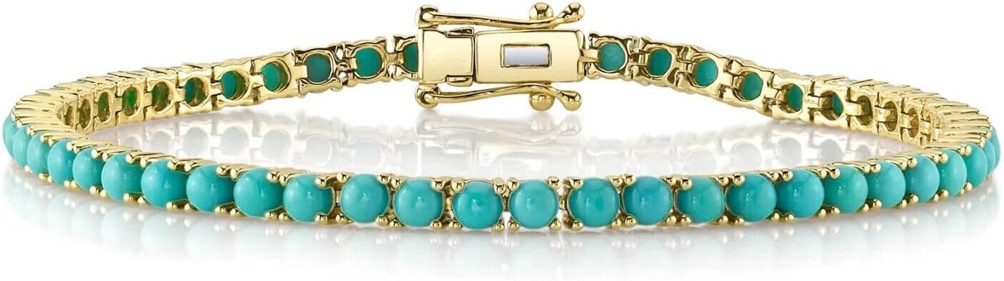 Women Sterling Silver Elegant 3mm Turquoise Tennis Bracelet, Gold-Plated Setting, Round Beads