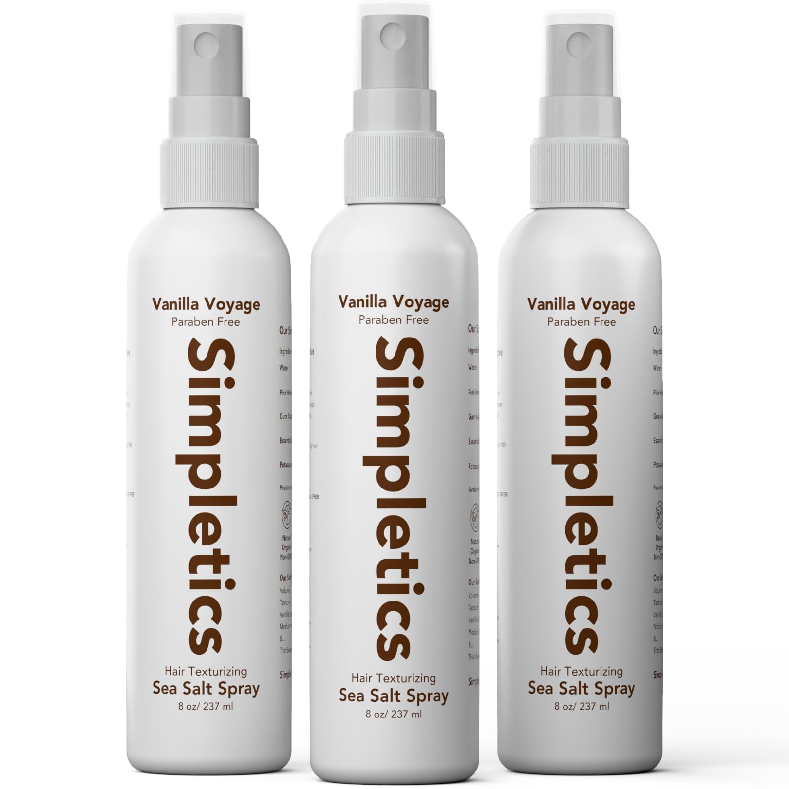 Simpletics Himalayan Sea Salt Spray for Straight & Wavy Hair - All Natural, 5 Ingredient, Texturizing & Volumizing Product - Vanilla Scented - Adds Volume, Texture, Beach Look to Men & Women, 3 Pack