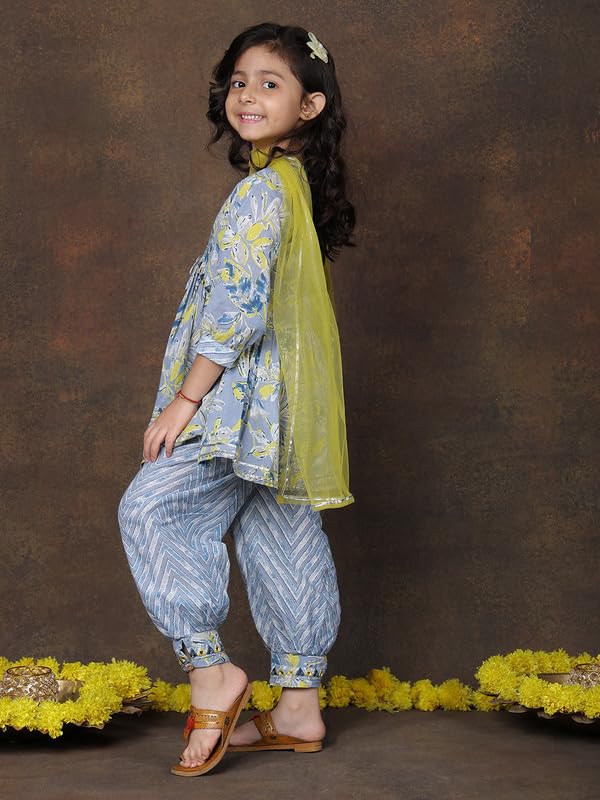 Image of superminis Girls Cotton Floral Printed Kurti Palazzo Style Salwar Set With Net Dupatta Kids Ethnic Wear Set