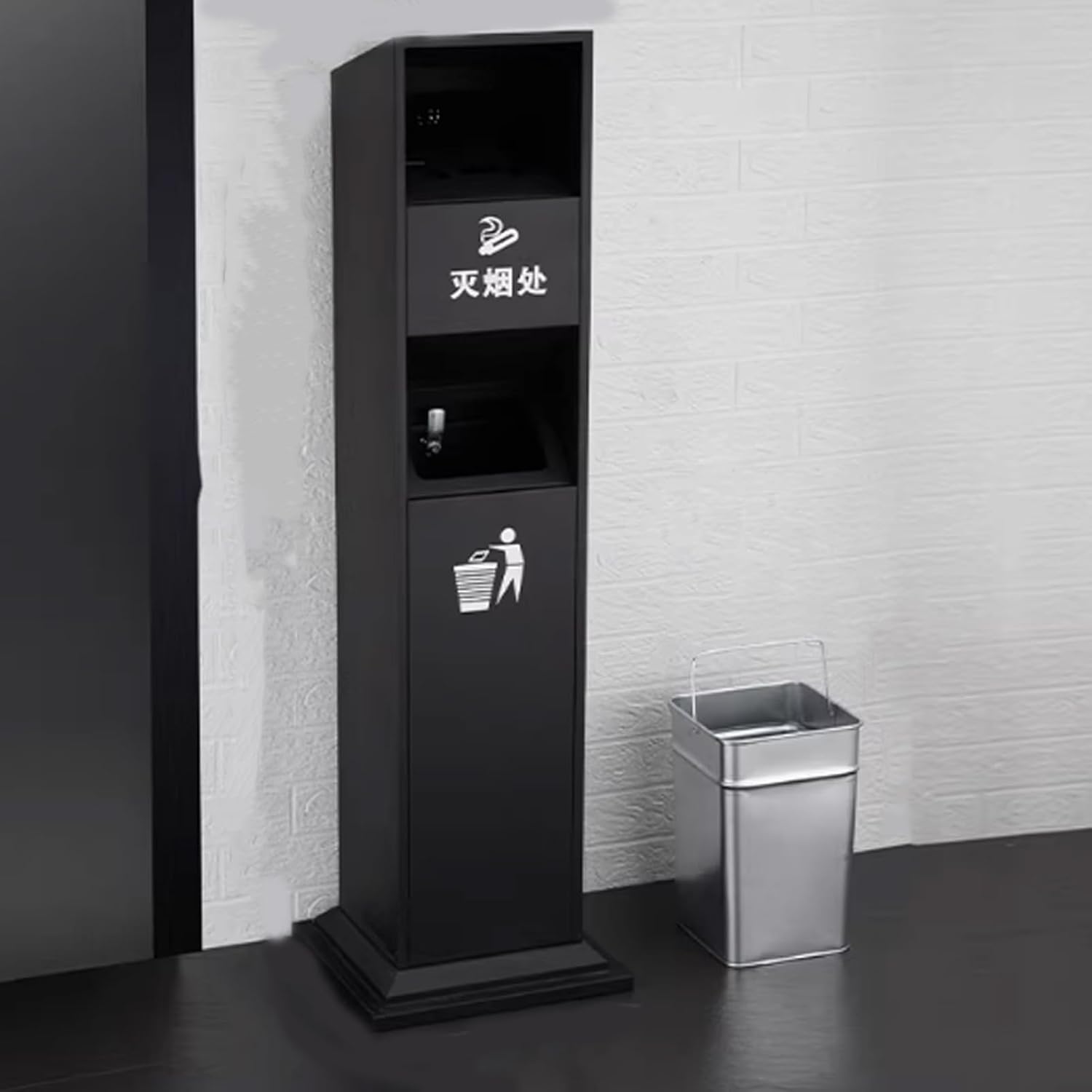 Square Standing Ashtray, Stainless Steel Cigarette Disposal with Removable Inner Barrel and Lockable, 2 in 1 Rubbish Smoking Receptacles for Public Areas(Silver)