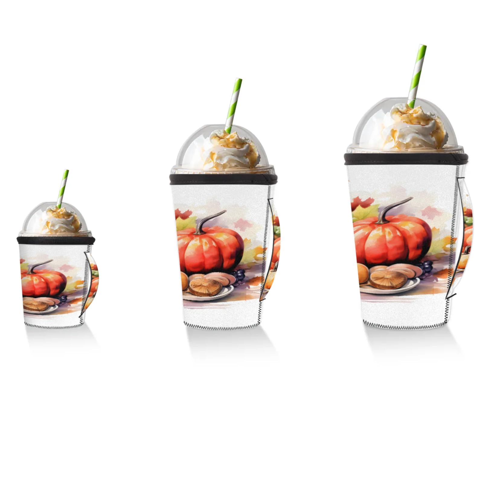 Watercolor Pumpkin Leaf Grape Reusable Neoprene Coffee Sleeve with Handle Insulated Iced Coffee Cup Holder Reduces Condensation Fits 24-28 oz Cups M