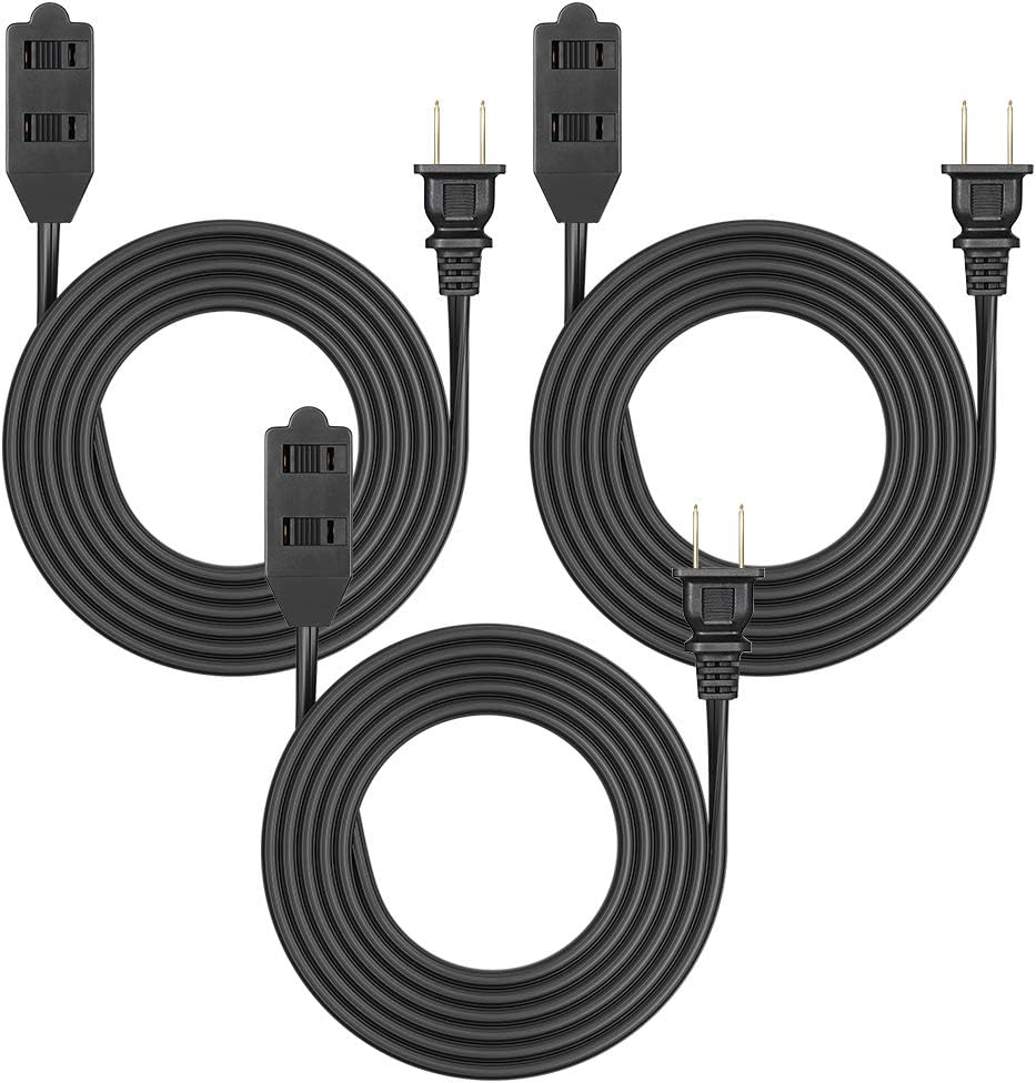 DEWENWILS 3 Outlet Extension Cord, 2 Prong Extension Power Strip, 8ft 16 AWG Power Cord for Indoor Use, Black, UL Listed, 3 Pack