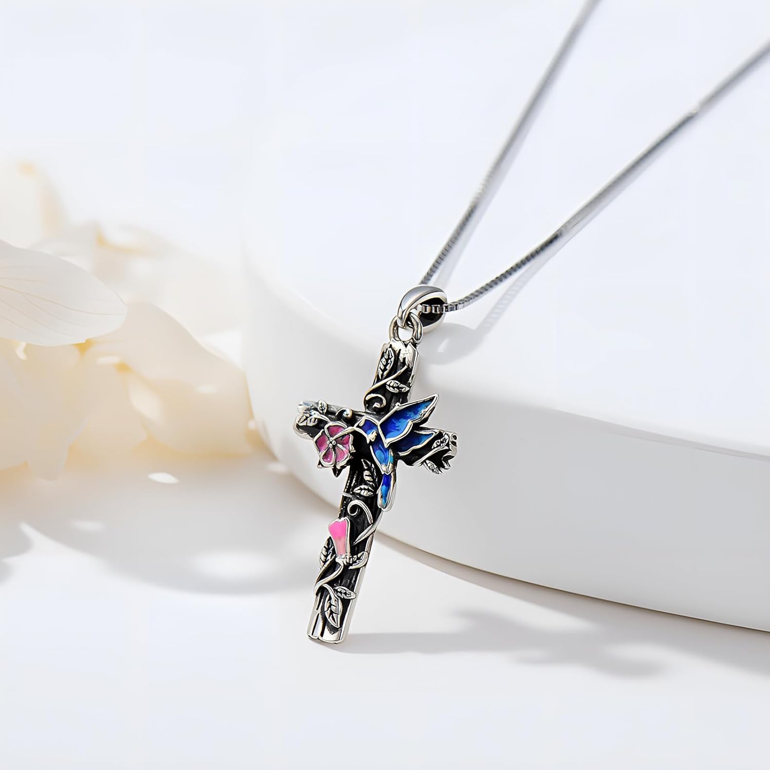 AOBOCO Hummingbird Necklace 925 Sterling Silver Black Vintage Cross Hummingbird Pendant Christian Religious Jewelry Gift for Women - Image 2