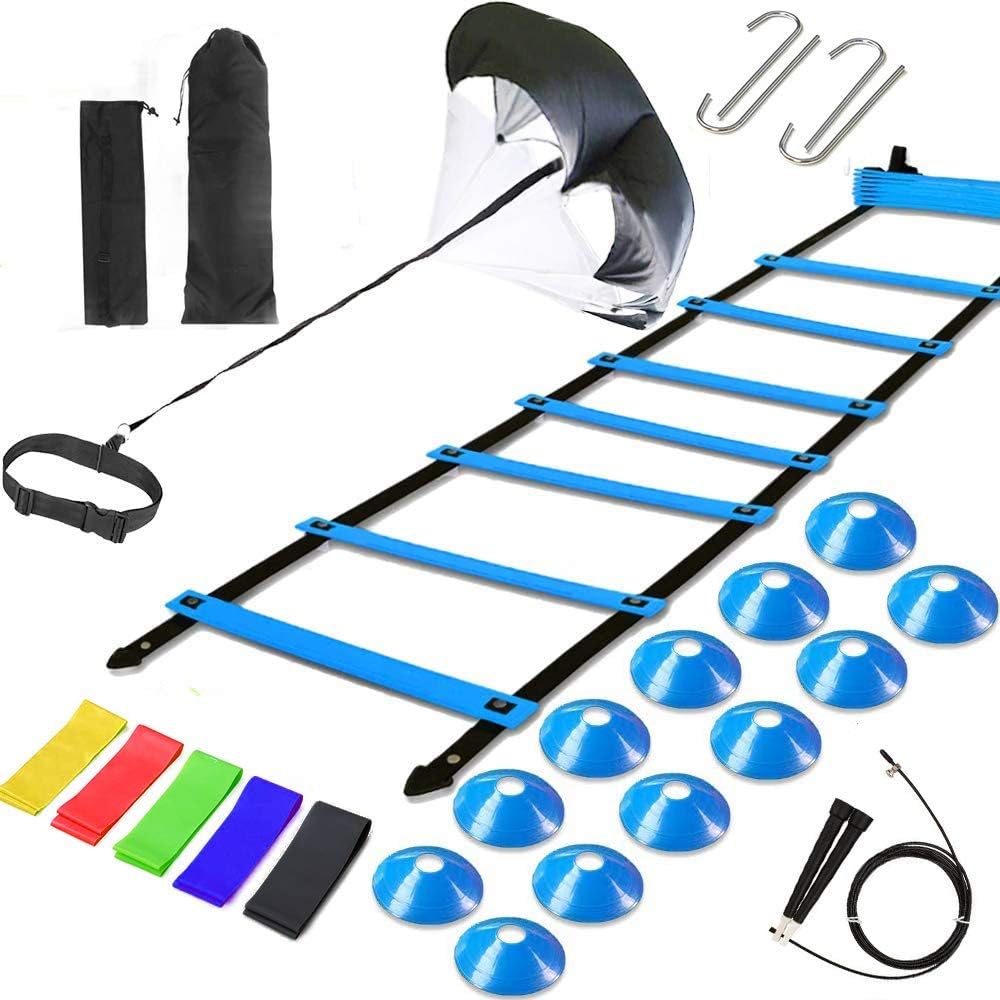 Agility Ladder, Agility Speed Training Set, 20ft 12 Rung Agility Ladder, 4 Agility Hurdles, 5 Resistance Bands, 12 Resistance Cones, Running Parachute, Jump Rope for Athletes, Adults