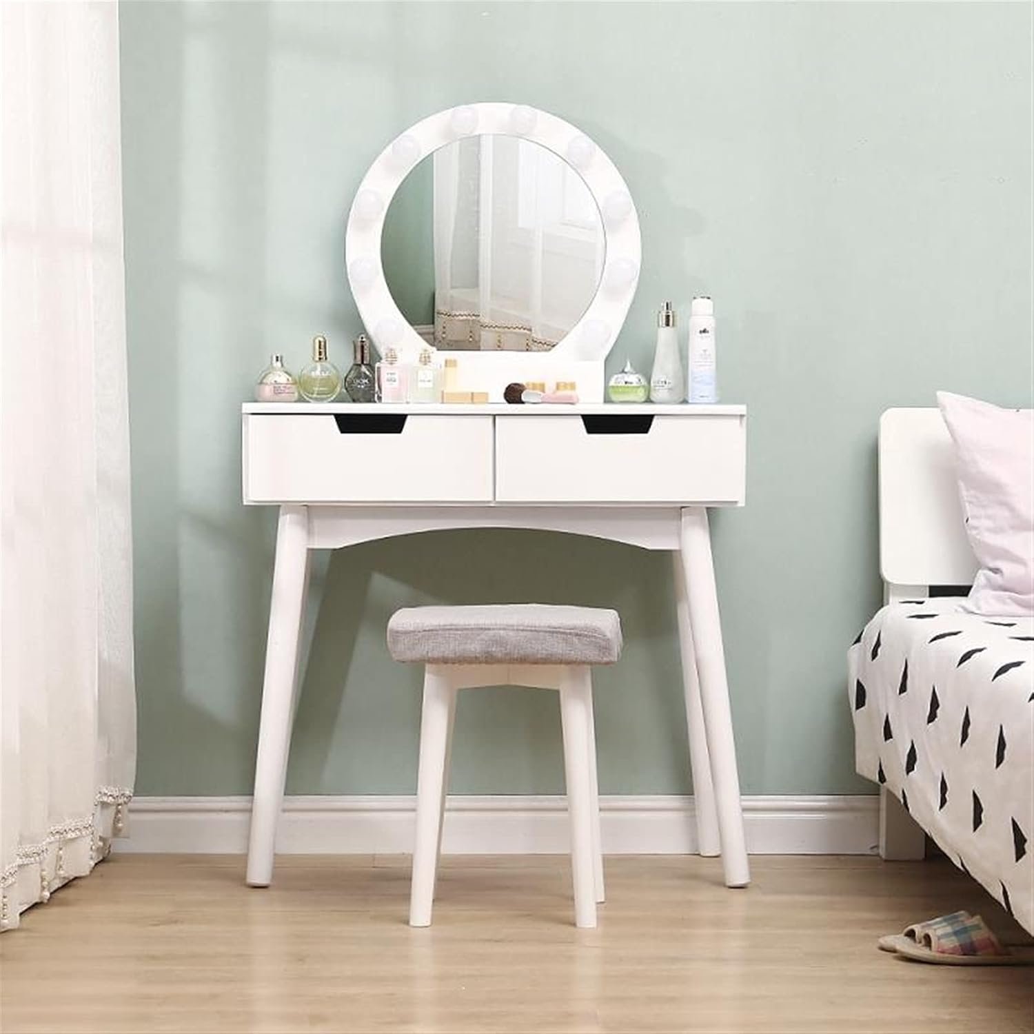 Vanity Desk, Makeup Vanity Set Bedroom Furniture Dressing Table LED Mirror with Makeup Stool Smooth Desktop Modern Makeup Dresser（131 * 80 * 40cm ） Makeup Dressing Table Set(Color:White)