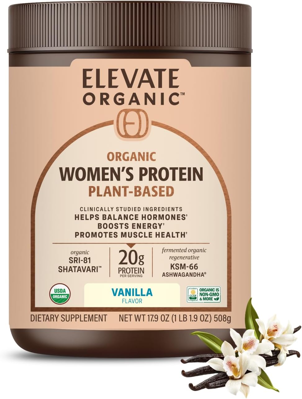 Women’s Plant Protein Powder, Vanilla, Pea Protein with KSM-66 Ashwagandha®, Organic SRI-81™ Shatavari & Acti Veda™ (20g Protein)