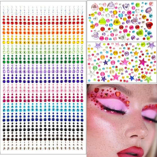 Face and Body Gems, 1345 Pcs Temporary Tattoo Stickers, 15 Vibrant Colors, Self-Adhesive Rhinestones for Skin, Eyes and Festival Makeup, Easy Apply Body Jewel Stickers