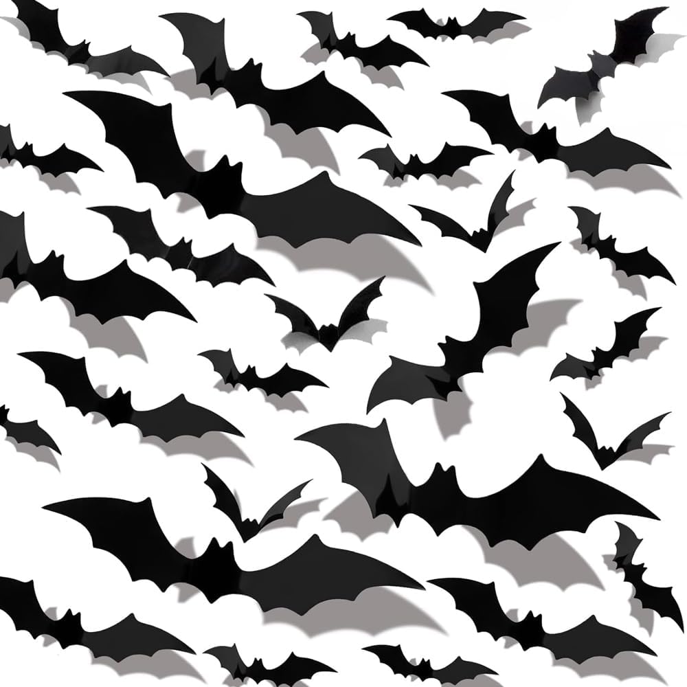 60PCS 3D Bats Decoration Halloween Large Wall Decor 4 Different Sizes Realistic PVC Scary Black Bat Sticker for Home Decor DIY Wall Decal Bathroom Indoor Party Supplies