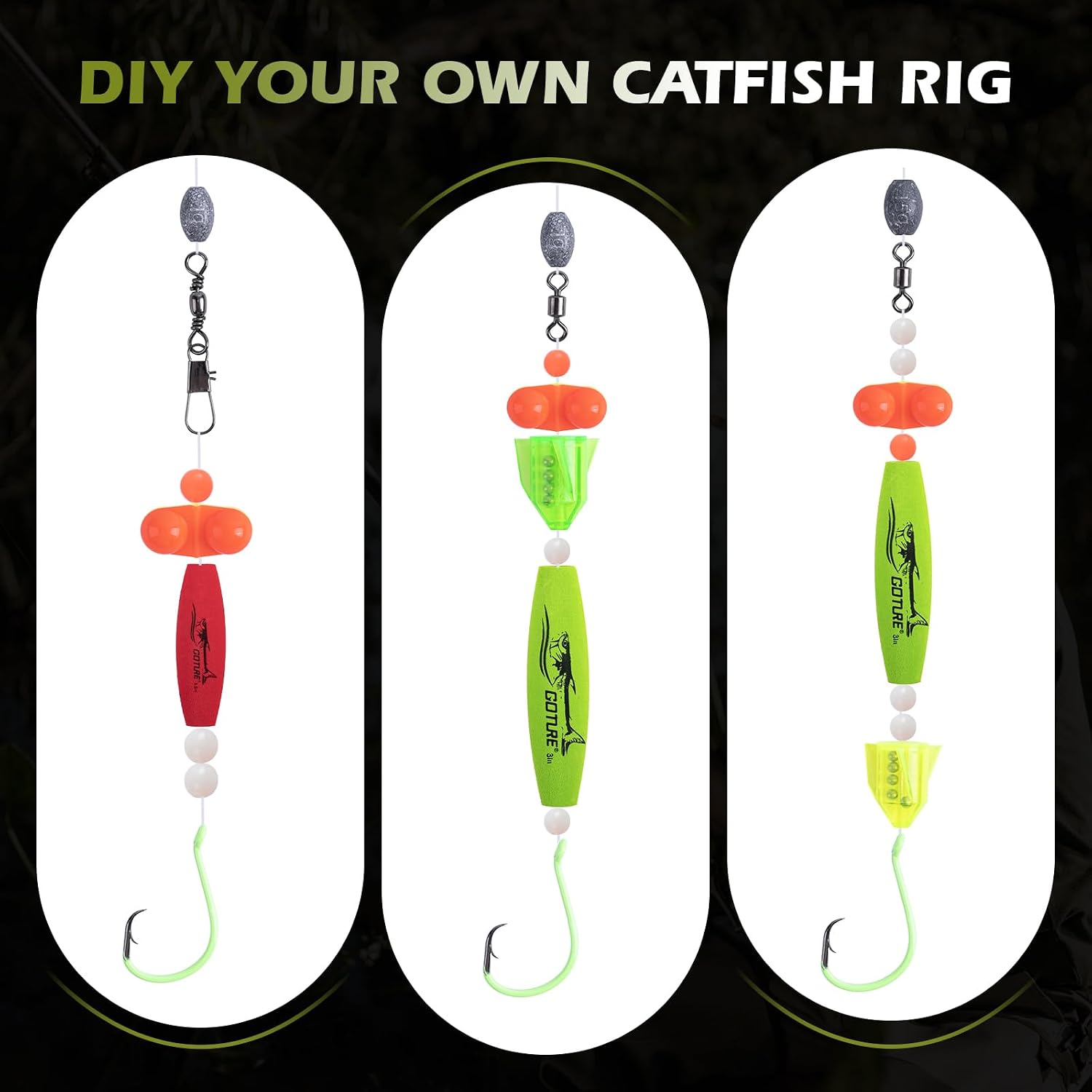 Goture Catfish Rig Making Kit,274pcs/300pcs Catfishing Tackle | Luminous Fishing Hook Swivel Sinker Weights Rattle Float Bobber Stoppers,Catfish Rigs Accessories & 3600 Tackle Box