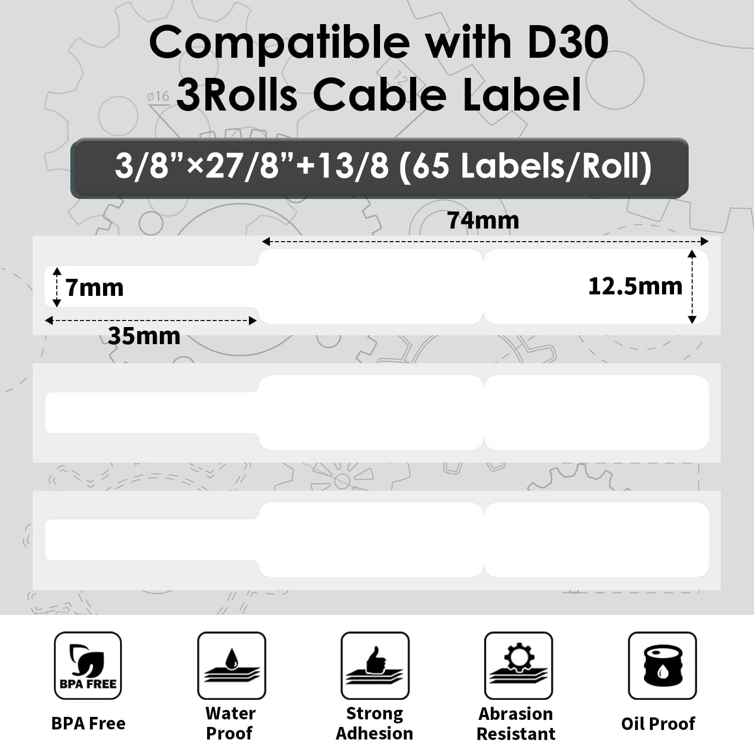 Phomemo D30 Thermal Cable Label Waterproof Wire Cord Labels, (12.5mm X 74mm) 65 Labels/Roll, Tags Stickers Tear Resistant Flexible, Phomemo d30 Label Tape -Black on White Paper, 3 Roll - Image 2
