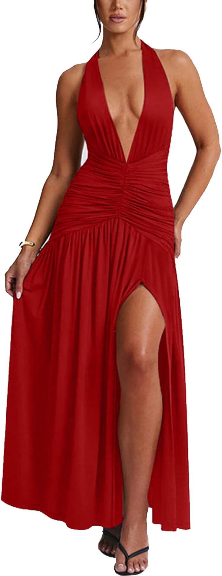 Women's Sexy Halter Deep V Neck Maxi Dress Sleeveless Backless High Slit Ruched Long Dress Summer Party Cocktail Dress