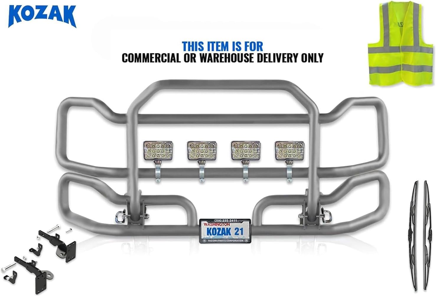 Front Gray Grille Deer Moose Brush Bumper Guard Large Compatible with Peterbilt 579 2013-2020 PLUS Bracket, Logo, 4x 6" Square LED Headlights, Wipers, License Plate Holder and Frame, Vest