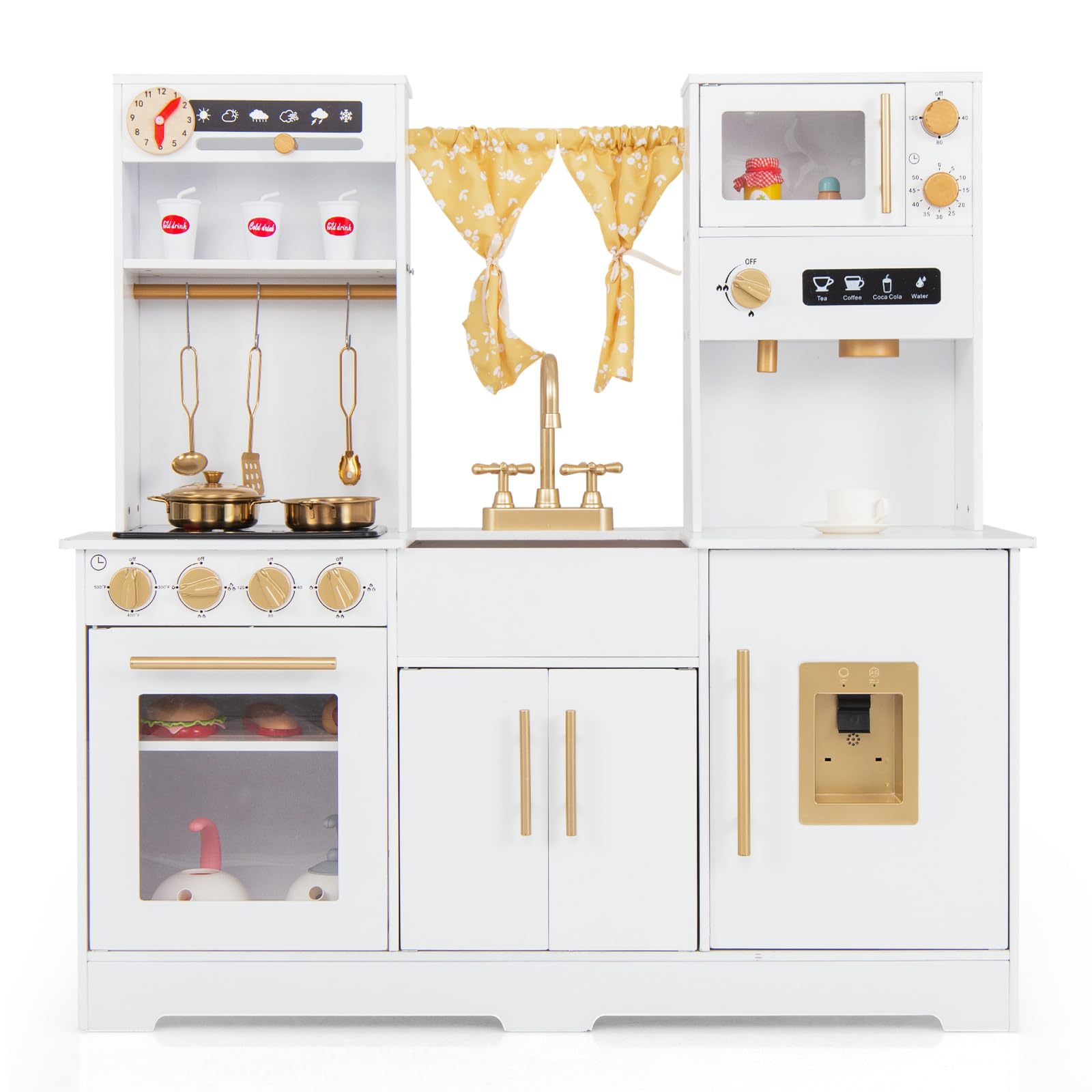 Maxmass Wooden Kids Play Kitchen, Children Toy Kitchen with Sounds & Lights, Coffee Maker, Sink, Water Dispenser, Realistic Oven, Toddler Pretend Role Play Cooking Playset for 3+ Years Old (White)