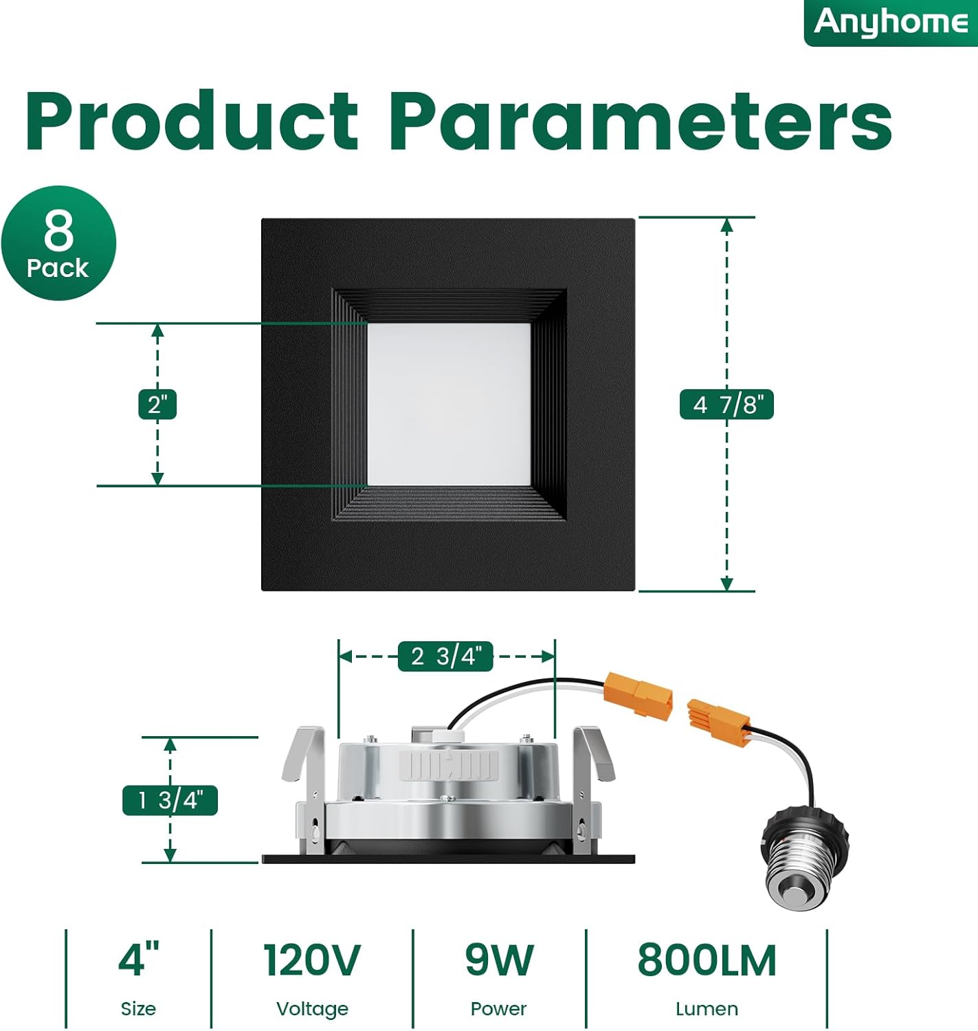 4 Inch Led Recessed Lights Square,Led Downlight Square Black,with Baffle Anti-Glare,5CCT 2700K-5000K Dimmable,9W 800LM,ETL & ES(8 Pack)