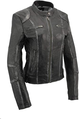 Milwaukee Leather - Chaqueta de motociclista estilo Scuba SFL2830 para mujer, de piel de oveja negra Milwaukee Leather - Chaqueta de motociclista estilo Scuba SFL2830 para mujer, de piel de oveja negra