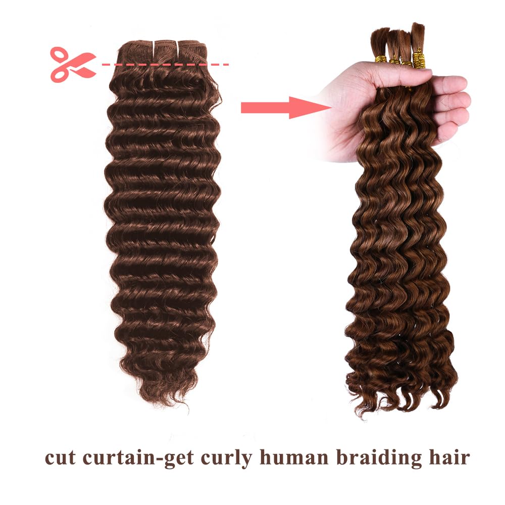 ALLRUN Deep Wave Brown Human Hair Bundles Curly Bundles Human Hair Chocolate Brown Bundles For Braiding Brazilian Human Hair Curly Wave Extensions 4# Color 182022 Inch image 4