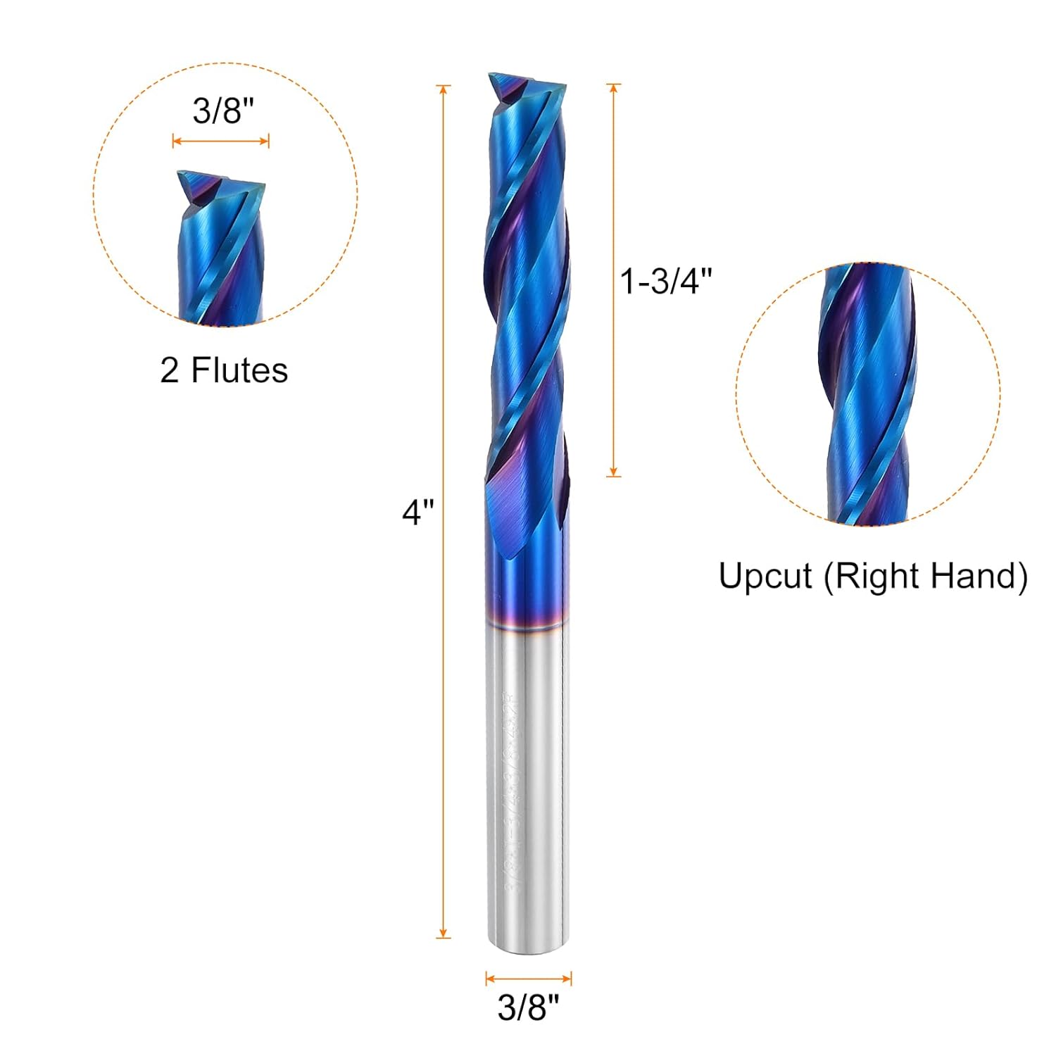HARFINGTON Spiral Router Bit, 3/8" Cut Dia. Up Cut 2-Flute Solid Carbide End Mill with 3/8" Shank for CNC Wood Carving Engraving, 1-3/4" Cut Length, Blue Nano Coated