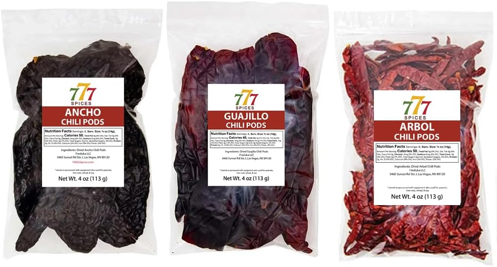 Dried Chile Seco Peppers. 12 Oz Total of Authentic Mexican Flavours - 3 Pack Chile Ancho, Chile Guajillo Descolado and Chile de Arbol. Taste Enhancer Mexican Recipes