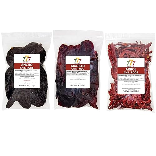 Paquete de 3 chile ancho, chile guajillo descolado y chile de arbol. Pimientos secos de chile secos. 12 onzas en total de auténticos sabores