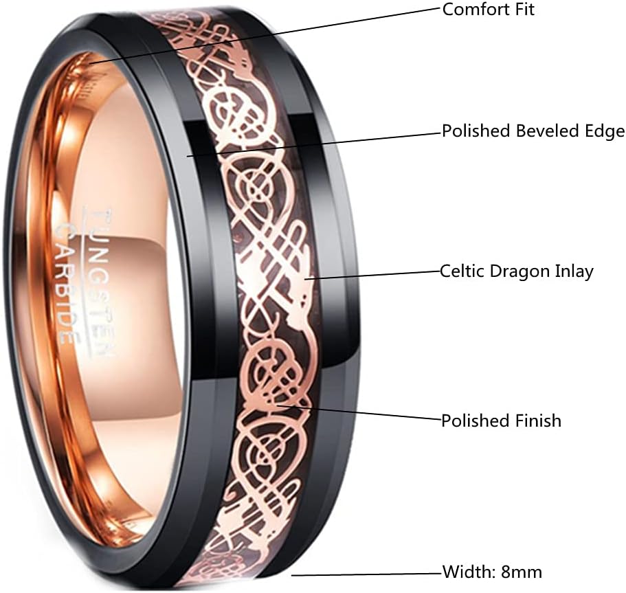 Rose Gold & Black Celtic Dragon Tungsten Ring for Men - Engraved Wedding Band Hypoallergenic Mens Jewelry Gifts - Image 6