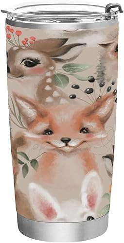 Miniatura 1 de Vaso de 20 onzas con tapa y pajilla, de acero inoxidable aislado al vacío, para agua y café, hermosos animales del bosque, taza térmica de viaje