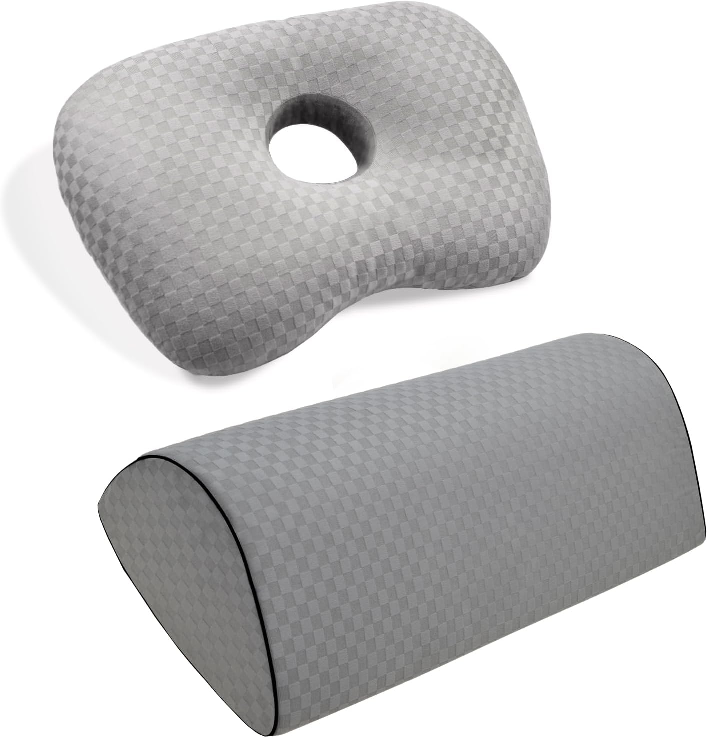 Gray Ear Piercing Hole Pillows + Knee Pillow for Back Sleeping，Support for Side & Back Sleeping