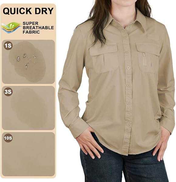 BSBUY Camicia da Donna UPF50+, Abbigliamento Camicetta da Trekking da Donna, Camicia da Safari a Maniche Lunghe con Bottone Traspirante, ad Asciugatura Rapida, per Pesca, Golf - 4