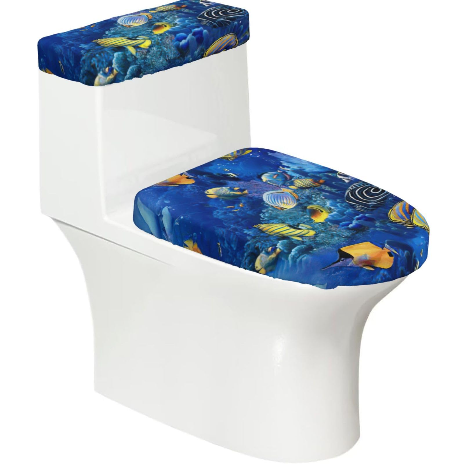 Tropical Fishes Print Bathroom Decor Toilet Lid Cover And Tank Covers, Restroom Accessories Fits Most Round