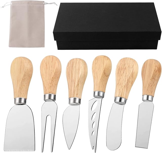 6 Pack Cheese Knives Set Exquisite Cheese Knife Gift Set Stainless Steel Cheese Knife Cheese Fork Cheese Shovel with Oak Handle