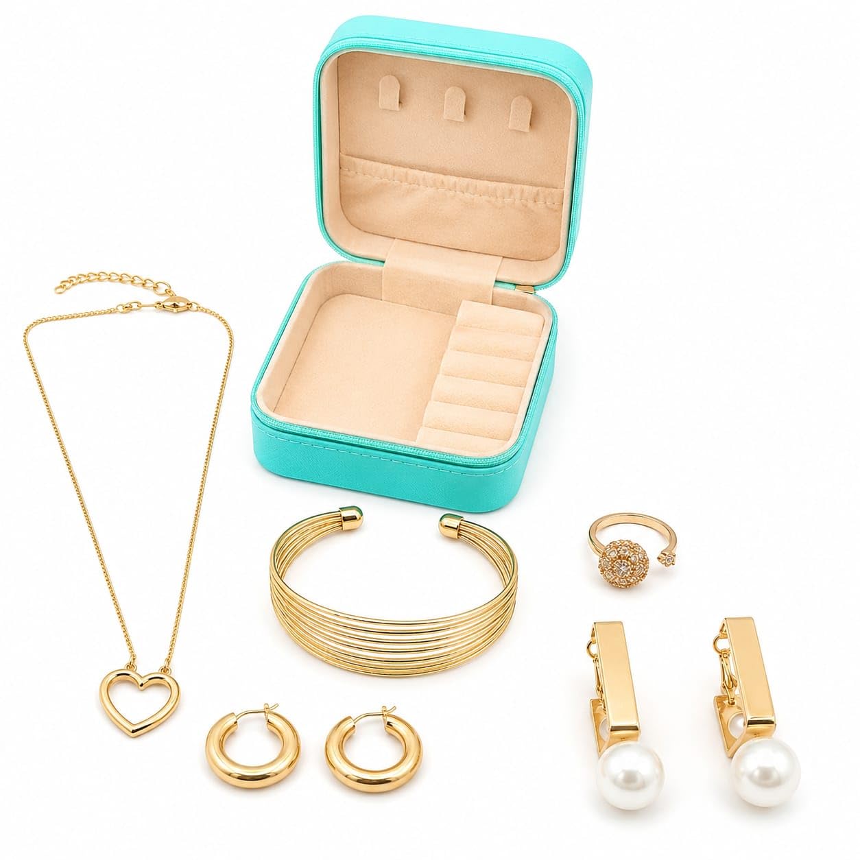 Luxury 6-Piece Fashion Jewelry Combo Set for Women & Girls - Gold Plated Pendant Necklace, 3 Multi-Tone Crystal Bangle Bracelets, Statement Pearl Drop Earrings, Gold-rimmed Heart Stud Earrings & 360° Adjustable Rotating Ring with Premium Travel Storage Case-image-49
