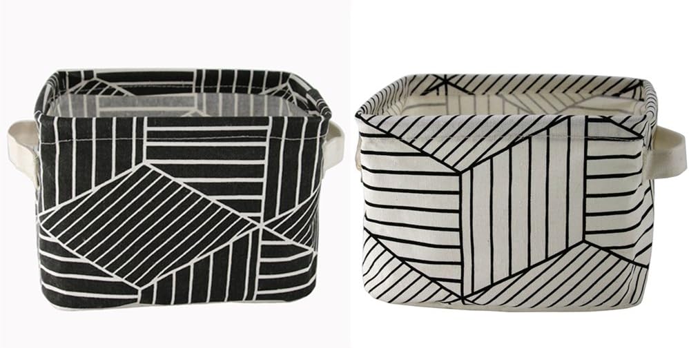 Stylish Black & White Storage Baskets Cotton and Linen Fabric Nursery Storage Cubes Bins for Shelves & Desks,Set of 2