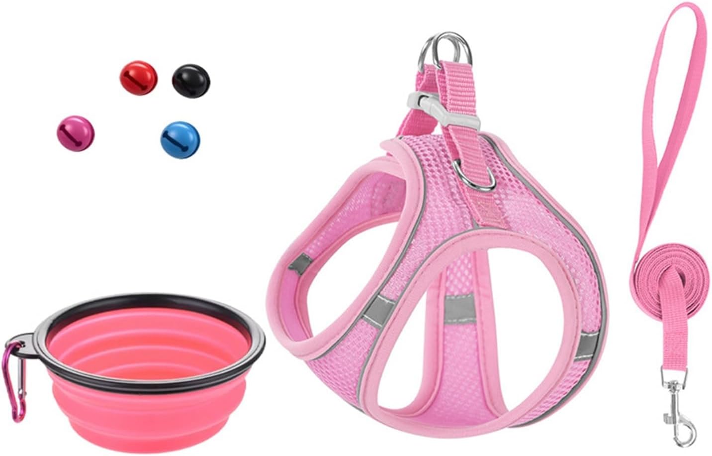 Breathable Mesh Pet Harness Leash Kit with Bell & Foldable Bowl(Pink,750ml)