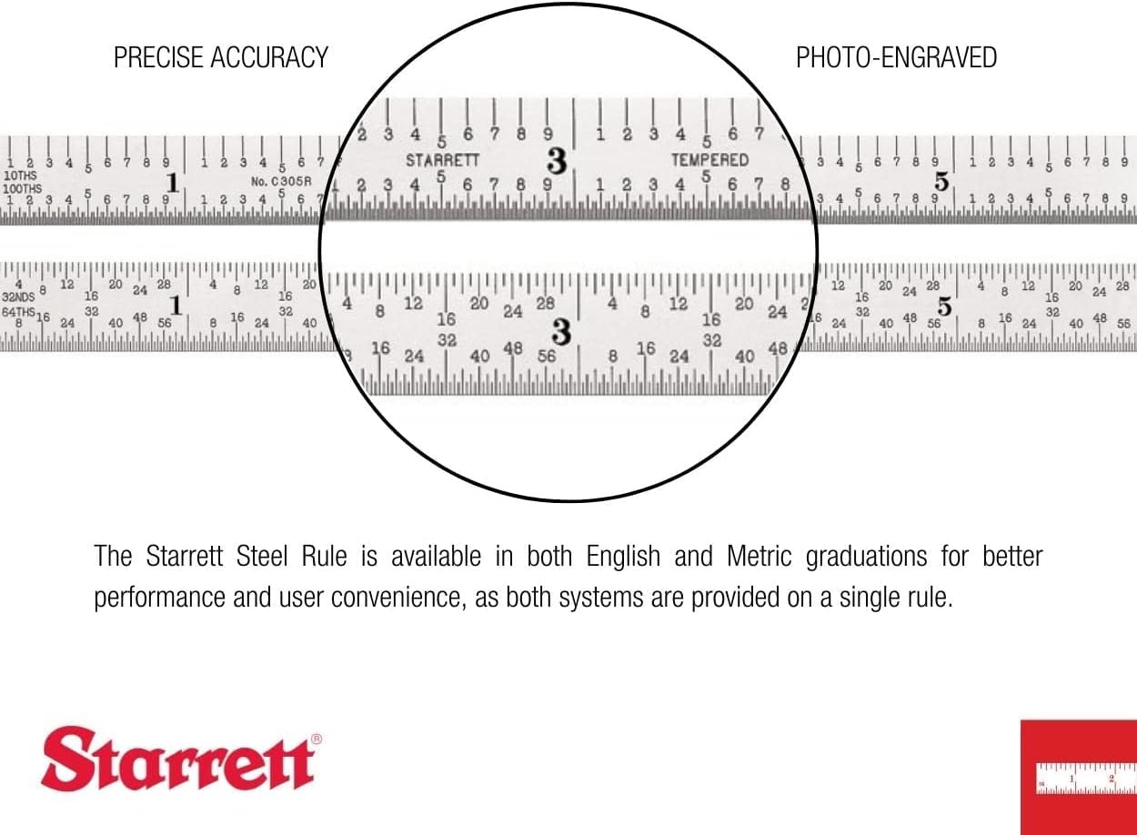 Starrett C635-1000 - Righello di precisione in acciaio temprato, 1000 mm, con scala millimetrata, N. 35 Gradi, cromato opaco