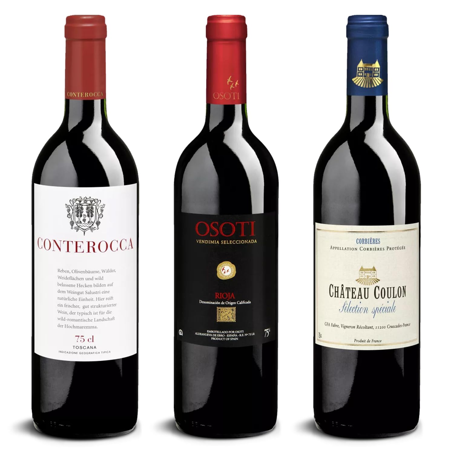 DELINAT – Wein Probierpaket Natürlich Rot – Rotwein trocken – Weinset mit Bio Wein aus Italien, Frankreich und Spanien, vegan (3 x 0,75l)