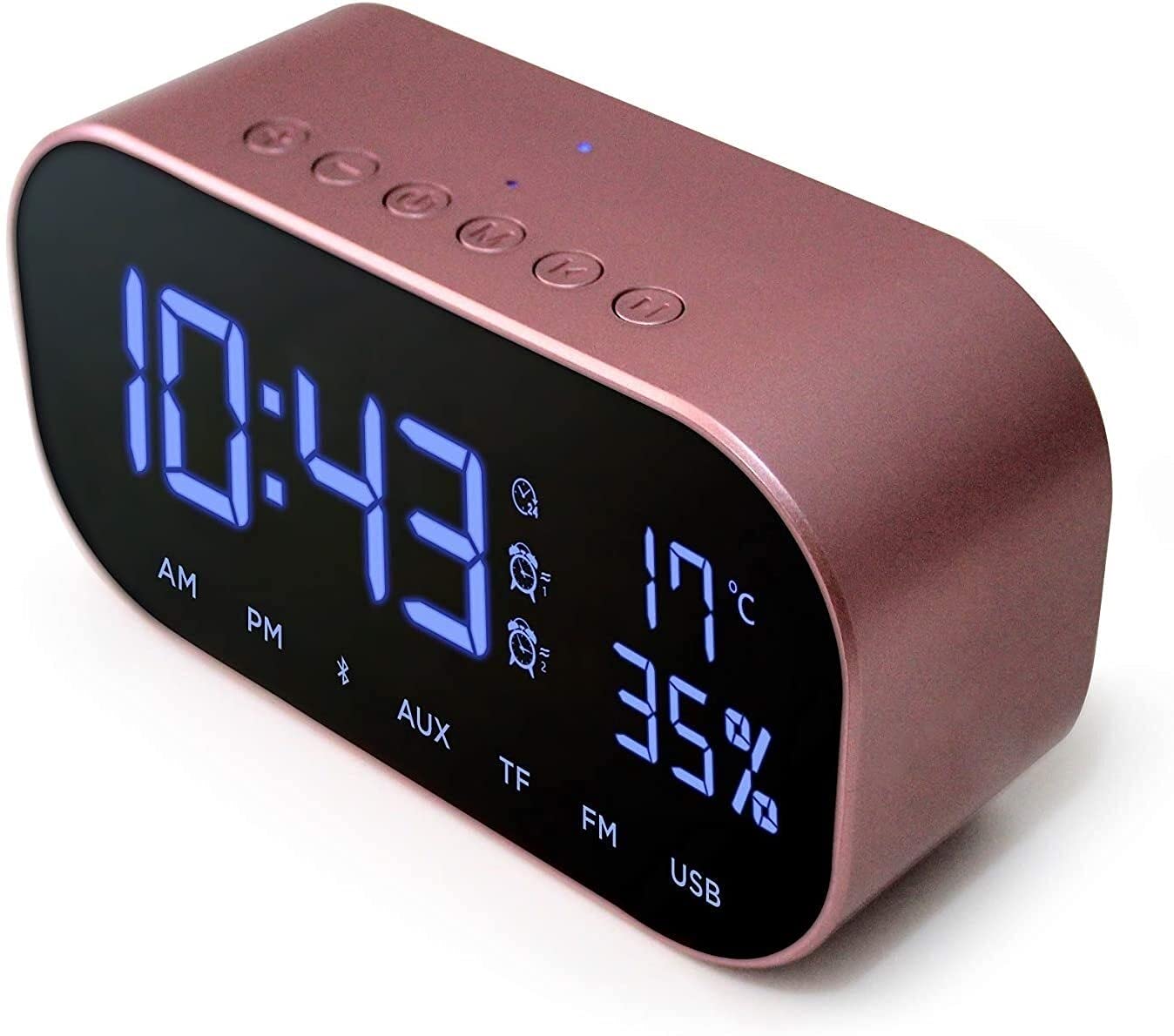 Réveil Horloge Haut-Haut-Chambre Horlge de Chevet avec Dual USB Chargement des Haut-parleurs stéréo Pilote à Double 3W, Radio FM, 4.2, AUX TF Carte, Dimmable, Snooze, Thermomètre.