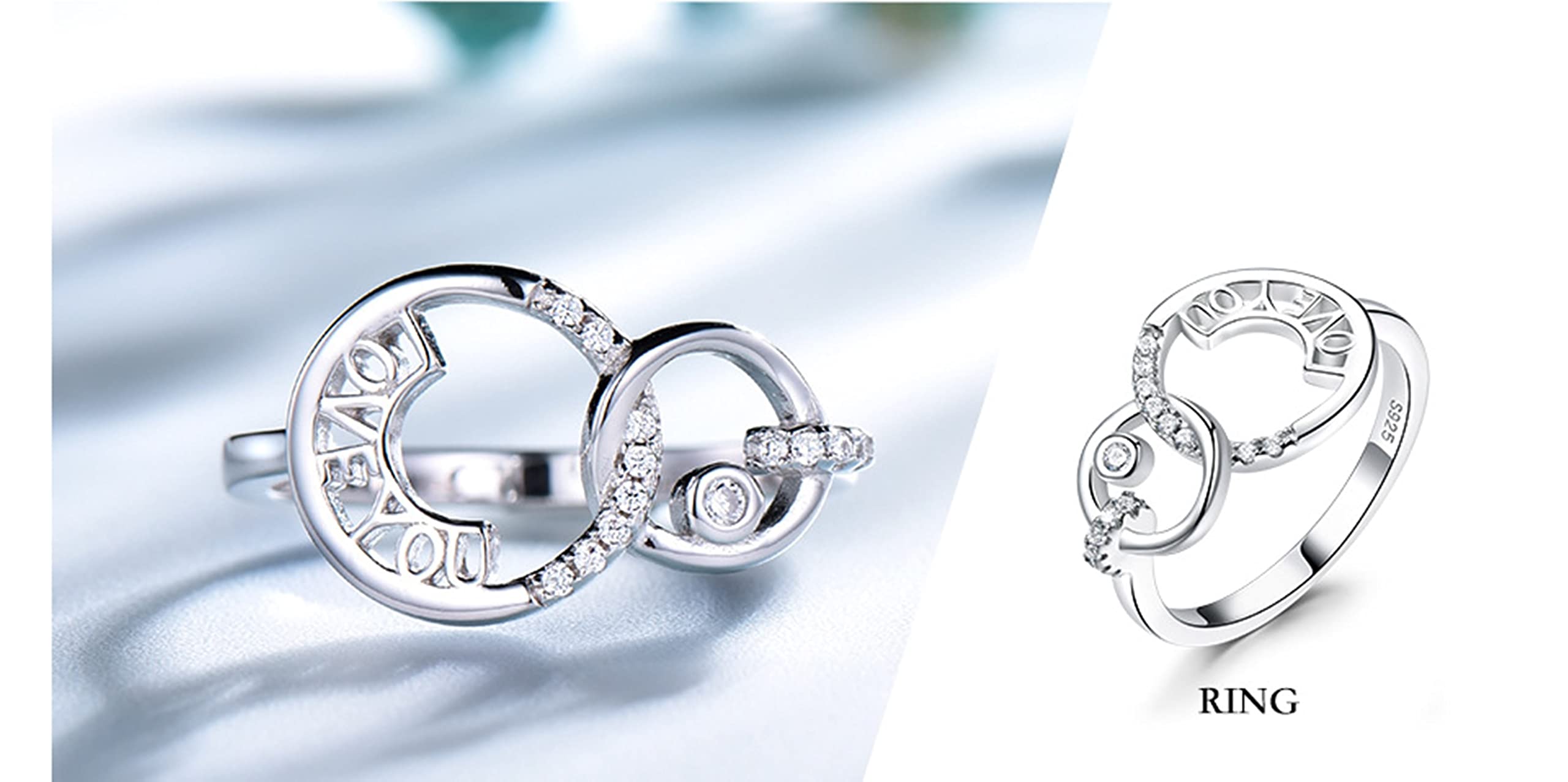 Conjuntos de joyas de boda para mujer, plata de ley, juego de joyas de plata, conjunto de joyería simple Love You pulsera, anillo, aretes y collar, conjuntos de joyería nupcial, 40+5 CM, Circonita