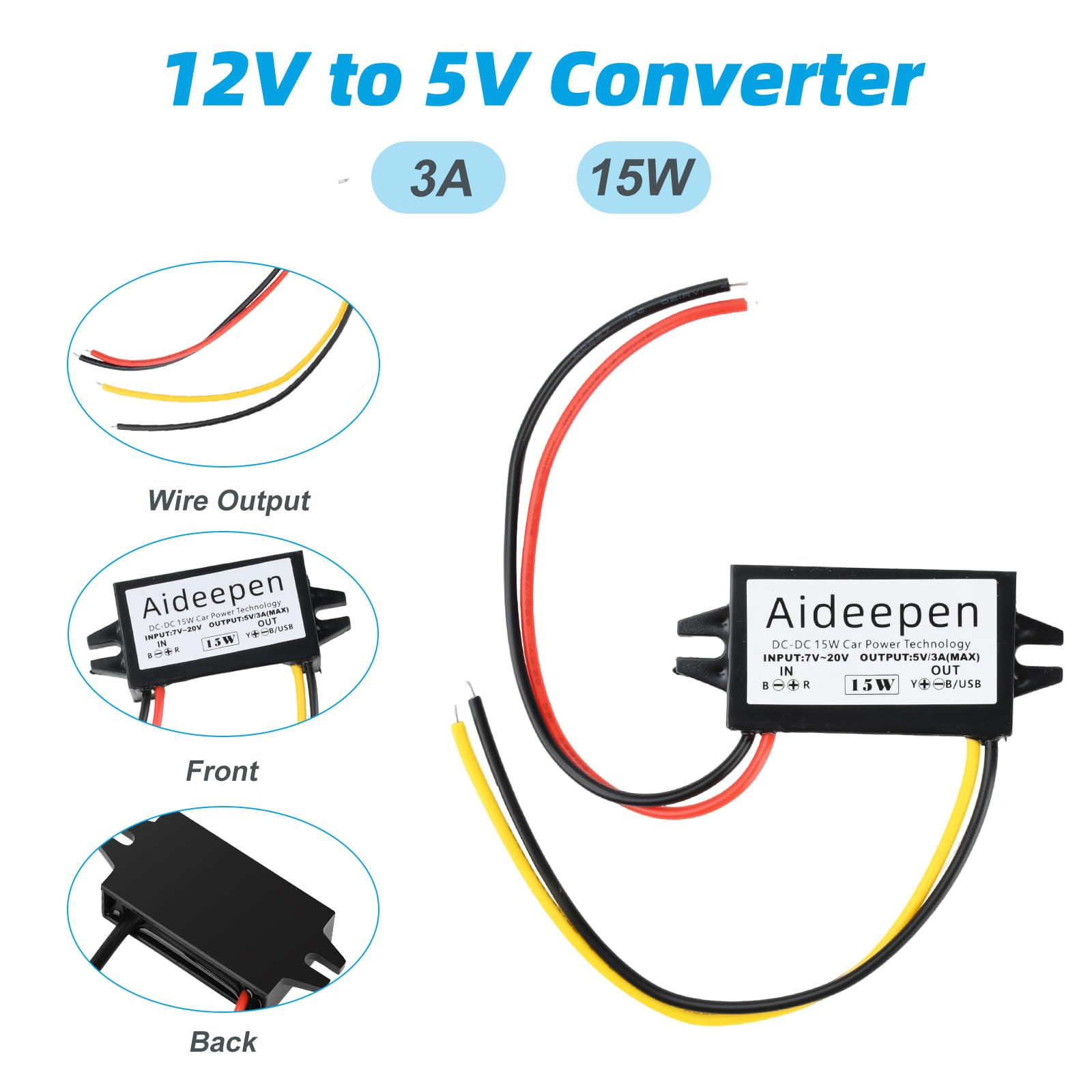 Aideepen Convertitore di Tensione DC-DC da 12V a 5V 3A 15W, Regolatore di Tensione, Convertitore Buck con Due Porte USB (Porte di Linea)