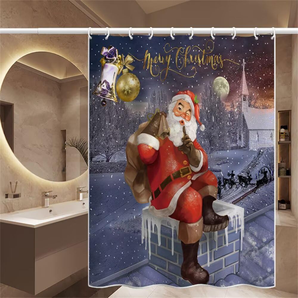 Rideau de douche Père Noël polyester pour baignoire festive