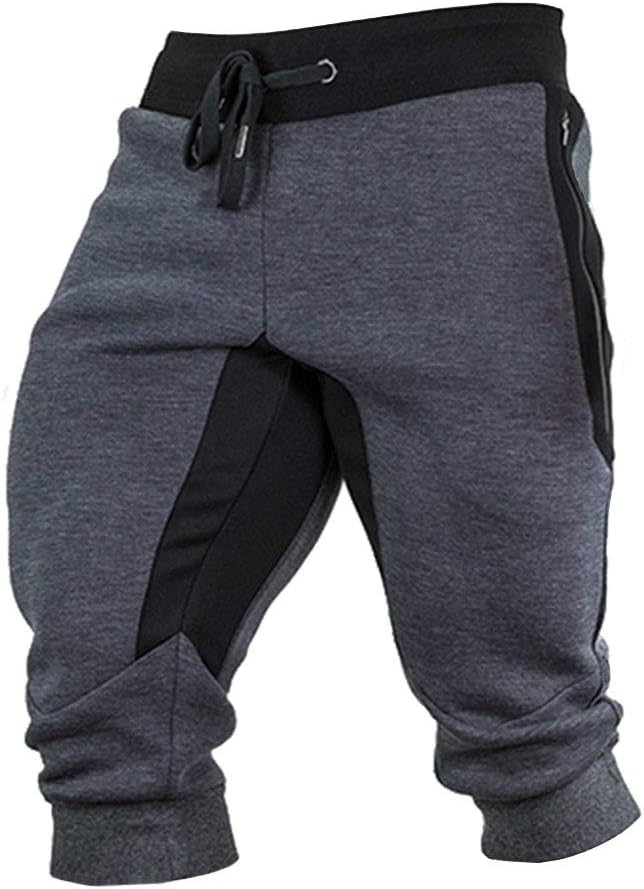 Wohthops Men's Cotton Joggers Summer 3/4 Shorts Casual Workout Capri Pants Breathable with Elastic Waist Zipper Pockets…