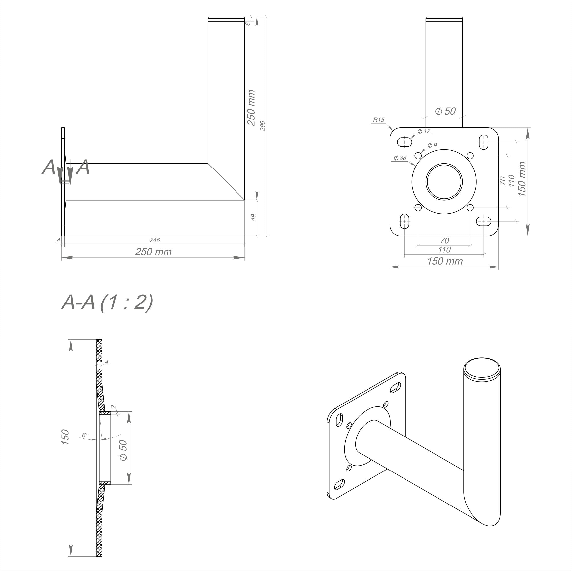 25 cm uchwyt ścienny ALU TÜV rura 50 mm do montażu na ścianie Sat miska uchwyt 250 mm