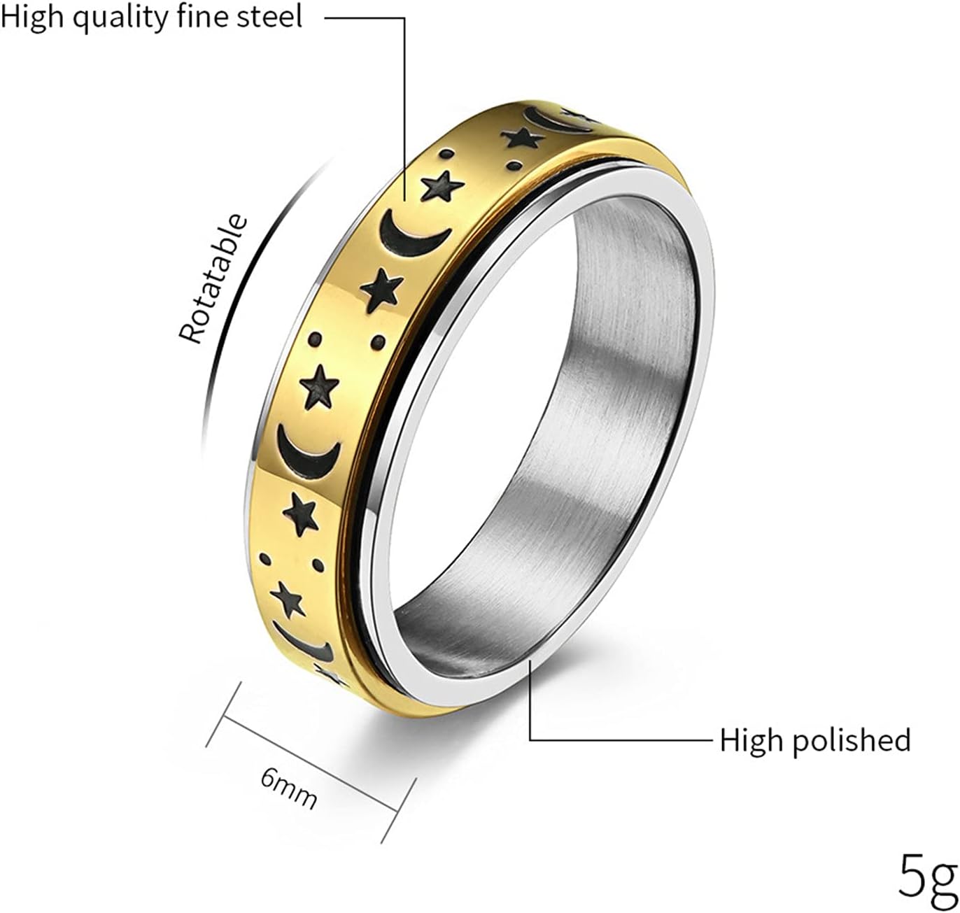 Men's Stainless Steel Simple Moon Star Sun Rotable Fidget Ring Stress Relieving Band