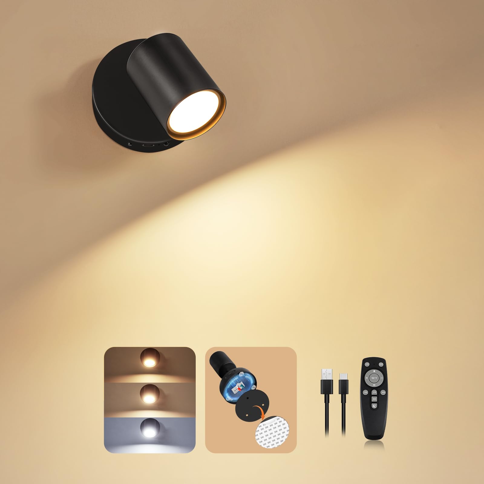 Dehobo Battery-Operated Wall Light, Stick On Wall Sconce with 3 Colour Temperatures, Rechargeable Dimmable Wall Spotlights Magnetic 350° Rotation, Cordless Lamps for Reading Bedside Indoor