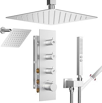 Shower Faucet Set,Thermostatic Shower System,12 Inch Ceiling Mounted and 6 Inch Wall Mount Rain Shower Head with 2 in 1 Handhled,High Pressure Dual Shower Head Combo Set