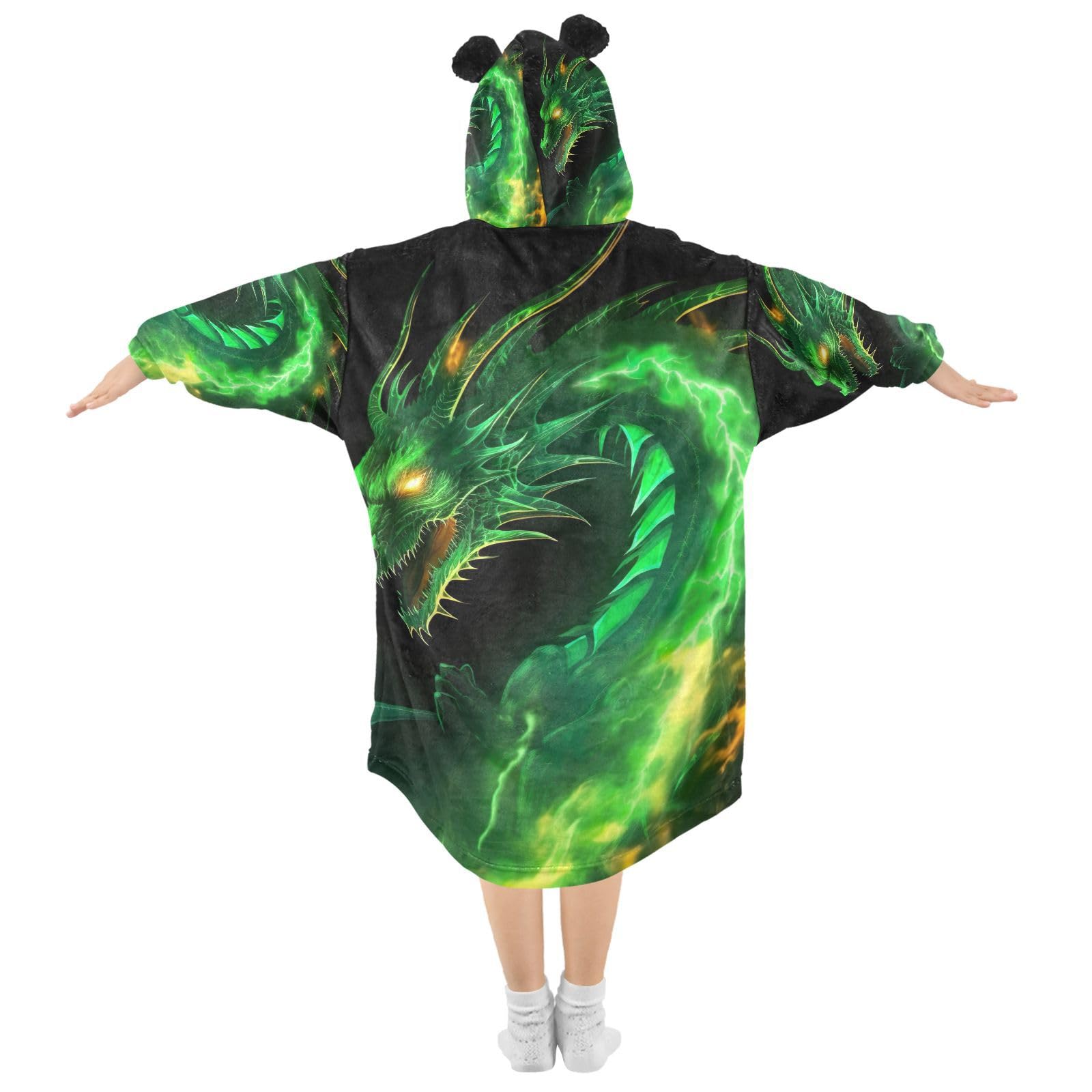 WELLDAY Dragon Wearable Blanket Hoodie for Kids, 3-14 YR Girl Boy Sherpa Blanket Sweatshirt With Pocket