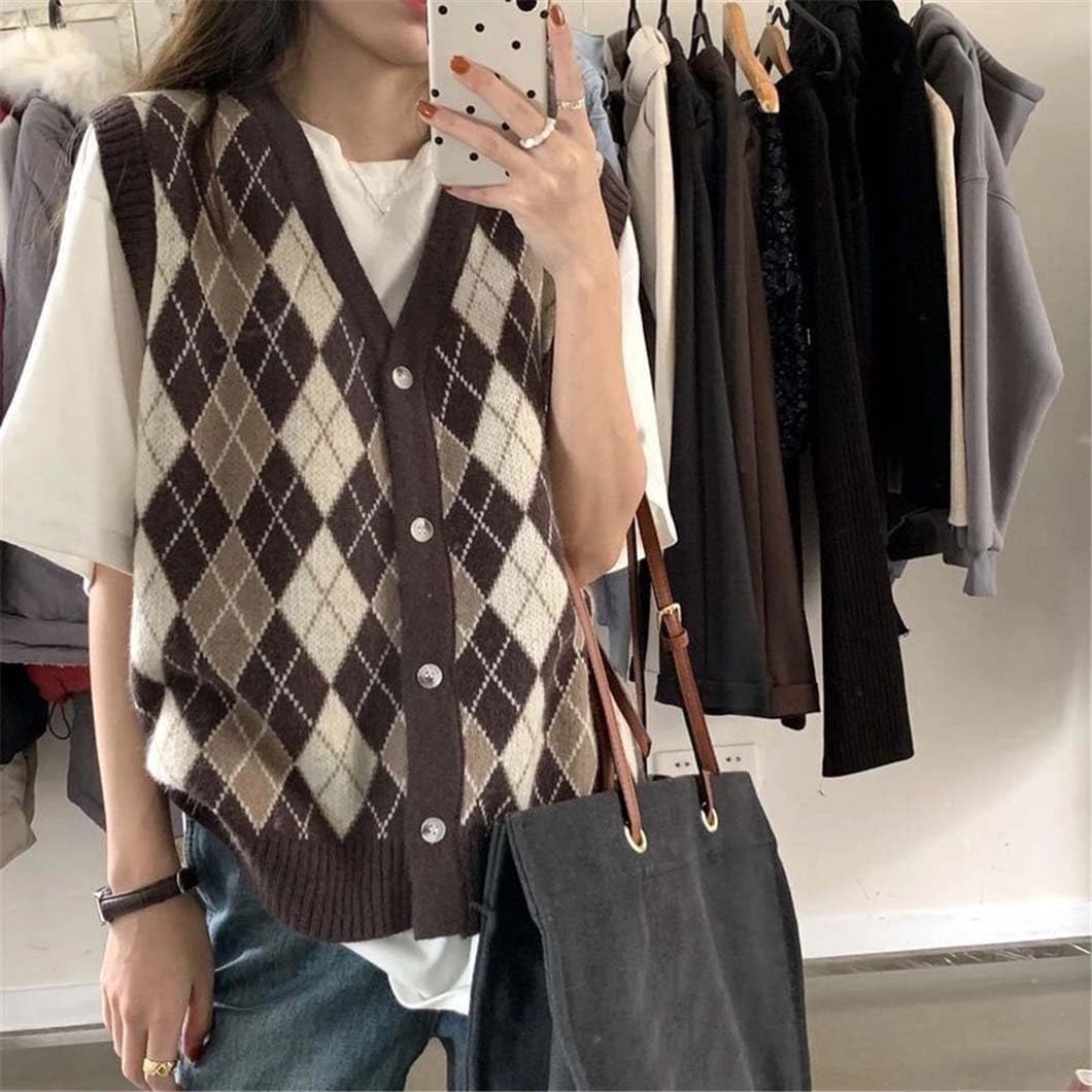 Bollrllr Retro Sweater Vest Women V Neck Sleeveless Loose Warm Vest Classic Knitwear