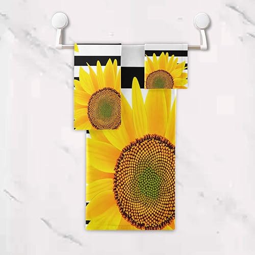 Miniatura 5 de Juego de toallas de baño de 3 piezas, toallas de baño suaves y altamente absorbentes, girasoles en blanco y negro, toallas de calidad con estampado