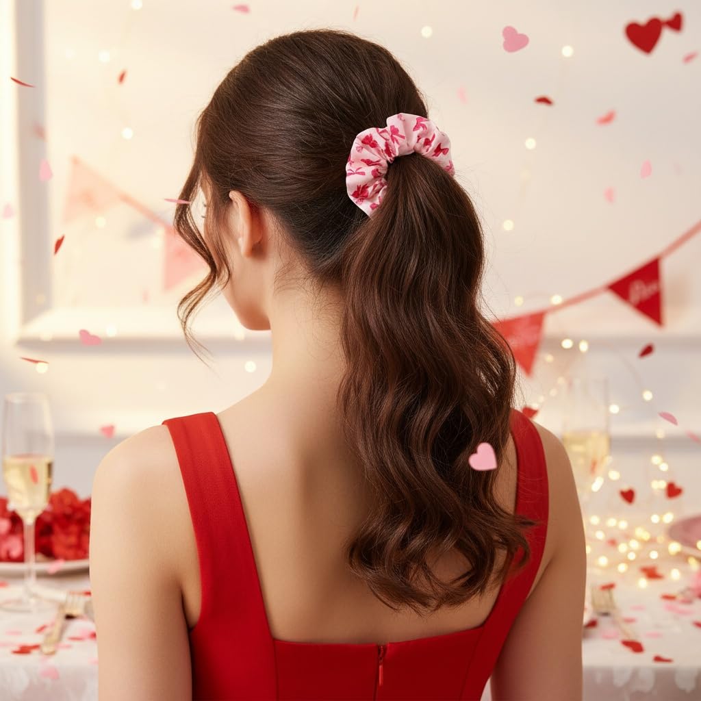 2PCS Bowknots Hair Scrunchies Valentine’s Day Hair Scrunchy for Women Festival Hair Accessories Pink Red Ribbon Bow Print Hair Ties Elastic Soft Hair Bands for Thick Curly Hair’s Ponytail Holder Decor image 5